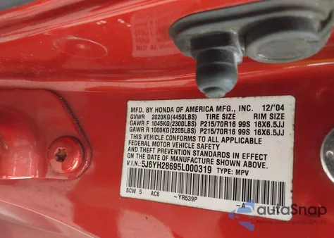 2005 Honda Element Ex from USA, damaged, VIN 5J6YH28695L000319